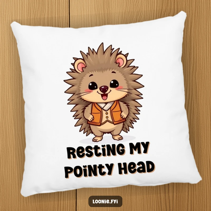 Funny pillow featuring a delighted porcupine wearing a vest, standing proudly, offering maximum comfort and a touch of humorous charm.