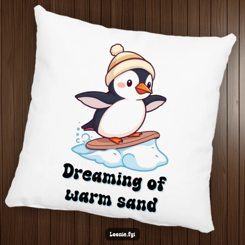 Funny puffin pillow wearing a toque, attempting to surf a frozen wave, soft and humorous decor.