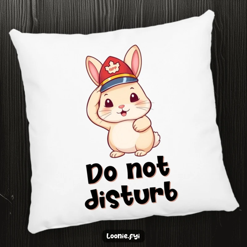 Funny pillow with a rabbit in a tiny RCMP hat saluting, offering a soft and humorous decorative accent.