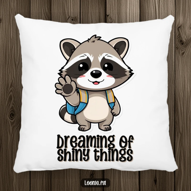 Funny pillow showcasing a cheerful raccoon with a backpack, winking with its paw, perfect for adding comfort and humorous charm to any space.