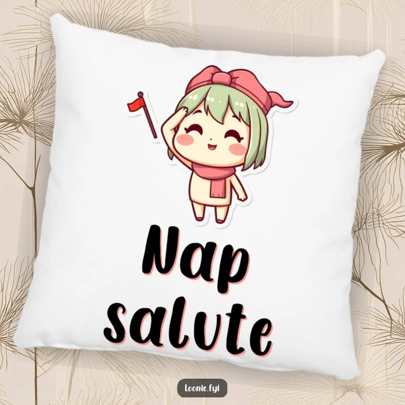 Funny decorative pillow with a happy character saluting with a small flag, offering comfort and a patriotic visual.