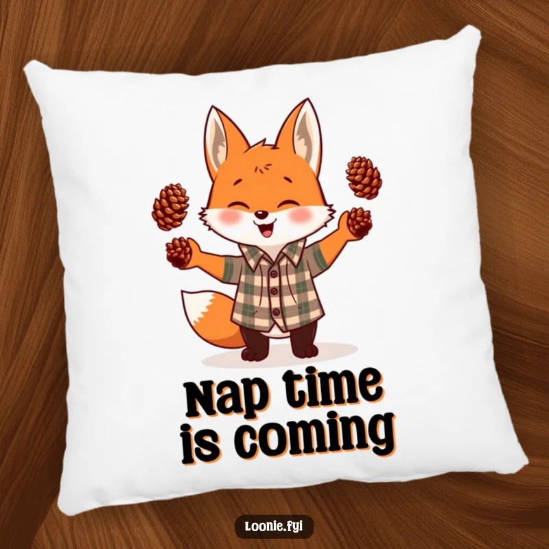Funny plush pillow depicting a giggling fox in a plaid shirt, joyfully juggling three pinecones, offering a soft and humorous touch.