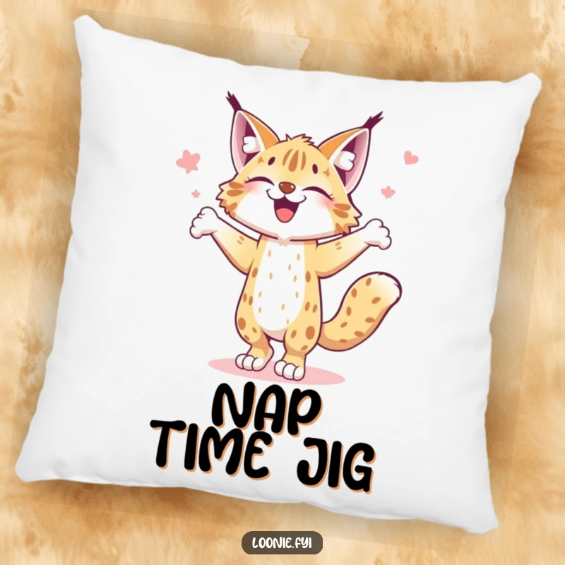Funny throw pillow featuring a joyful lynx doing a happy jig, adding cozy feline charm and dance vibes.