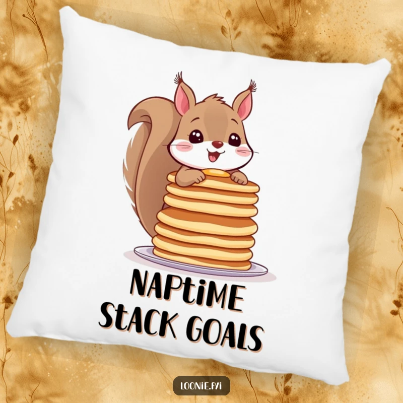 Funny pillow with a cheerful squirrel balancing a stack of pancakes, offering a soft and humorous breakfast-themed accent.