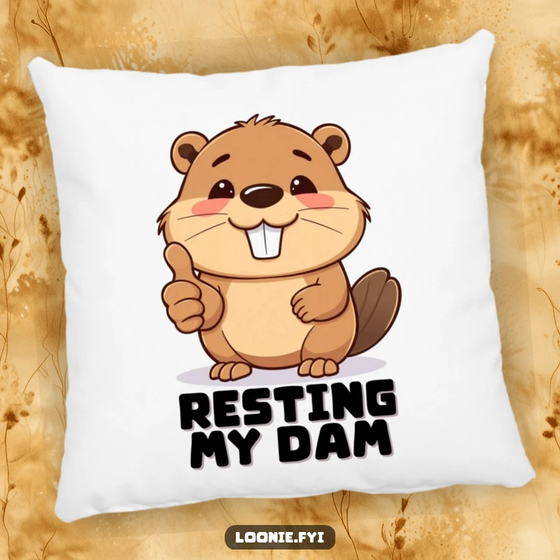 Funny throw pillow featuring a smiling beaver giving a thumbs up, offering cozy encouragement and industrious charm.