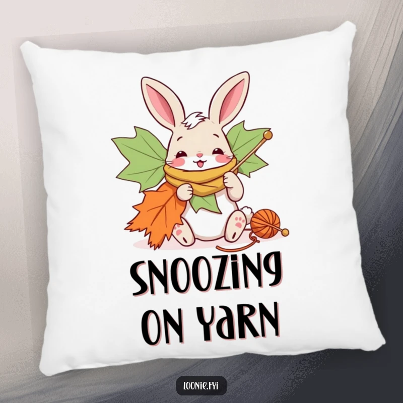Funny bunny pillow with oversized needles, knitting a giant maple leaf scarf, soft and humorous decor.