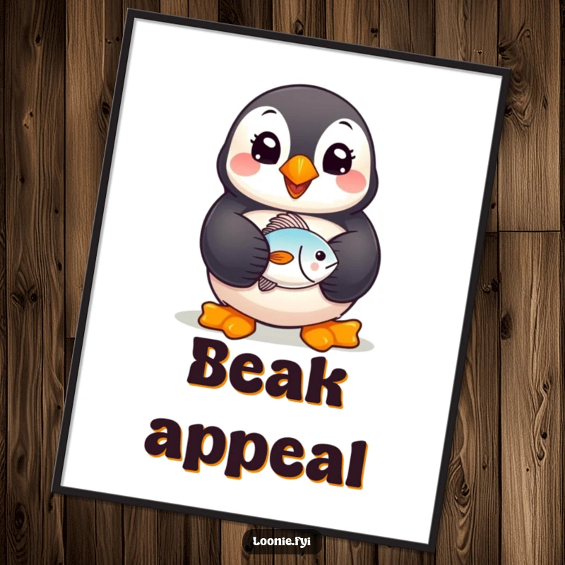 Funny Puffin Digital Art Print: A cheerful puffin with a wide smile holding a tiny fish, rendered for instant humorous wall decor.