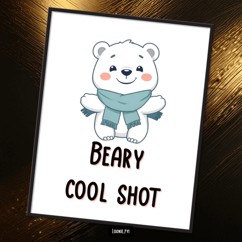 Funny Digital Art Print: A polar bear with a wide grin and a cozy scarf is depicted, bringing a charming arctic vibe to any room.