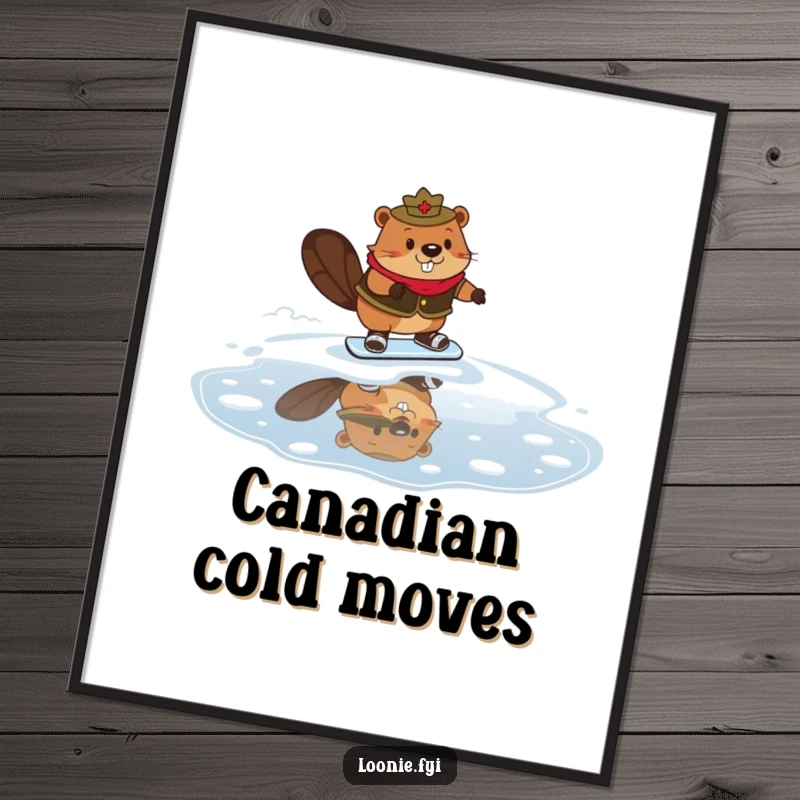 Funny Mountie Beaver Digital Art Print of a beaver dressed as a Mountie comically skating on maple syrup, offering instant humor.