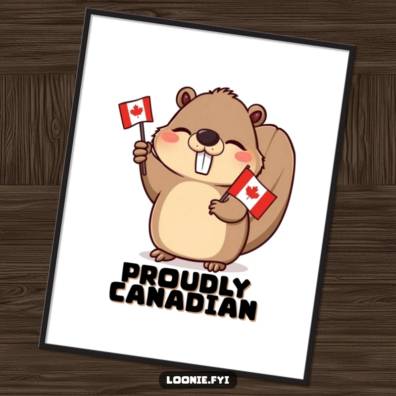 Funny Beaver Digital Art Print: A winking beaver enthusiastically waving a Canadian flag, rendered for instant patriotic and humorous decor.