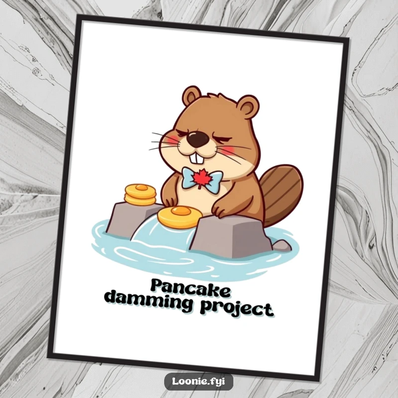 Funny, high-resolution digital art print of a grumpy beaver building a dam with pancakes, wearing a maple leaf bow tie.
