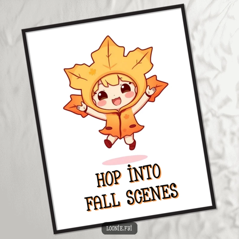 Funny digital art print of a maple leaf character in a costume, joyfully hopping, ideal for vibrant and humorous home decor.