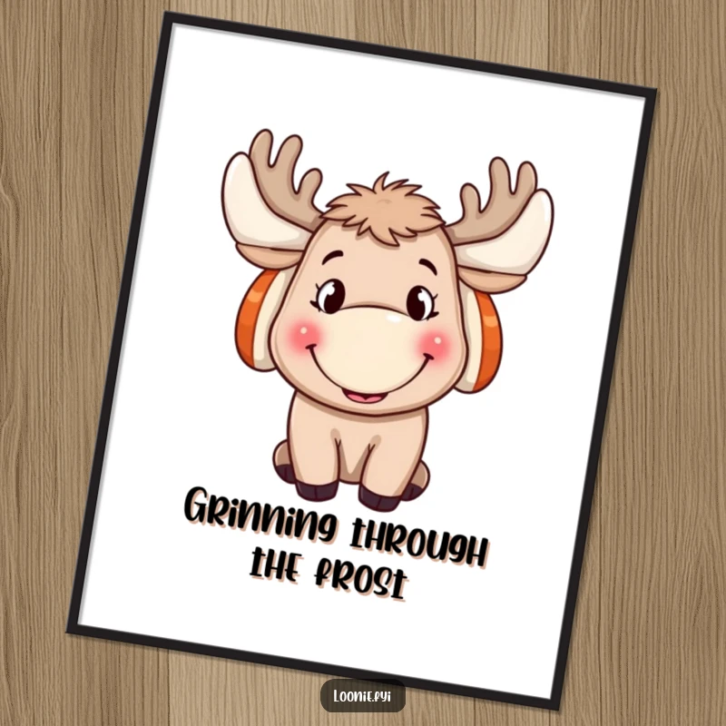 Funny Moose Digital Art Print: A cheerful moose wearing ear muffs and a big grin, ready to be printed as a funny gift.