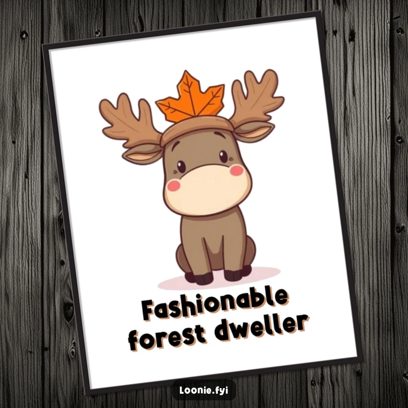 Funny Moose Digital Art Print of a confused moose attempting to wear a maple leaf as a hat, offering instant whimsical humor.