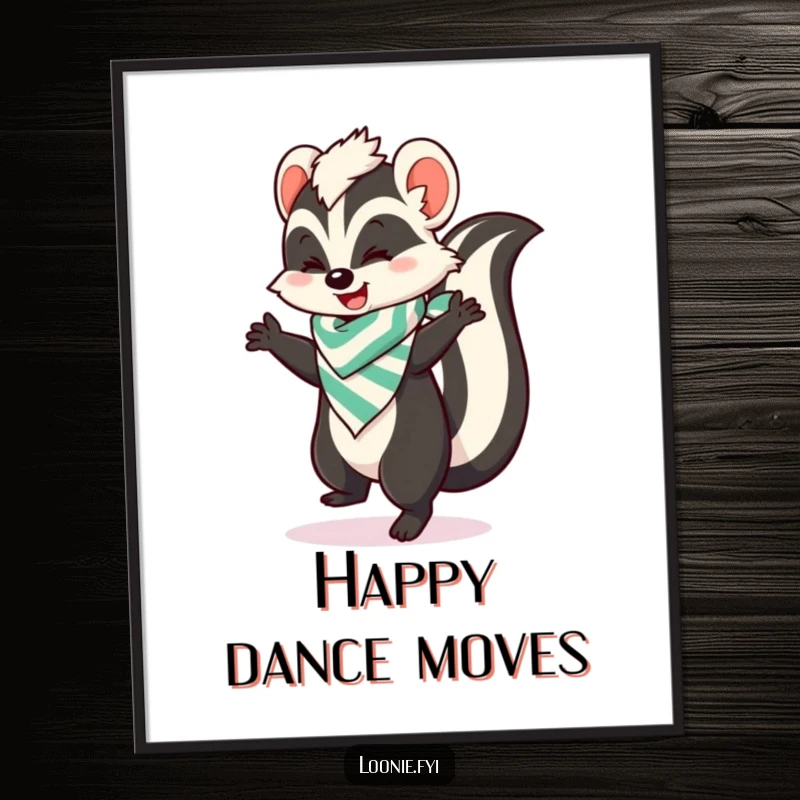 Funny digital art print of a skunk in a bandana doing a happy dance, bringing instant cheer and playful energy to any space.