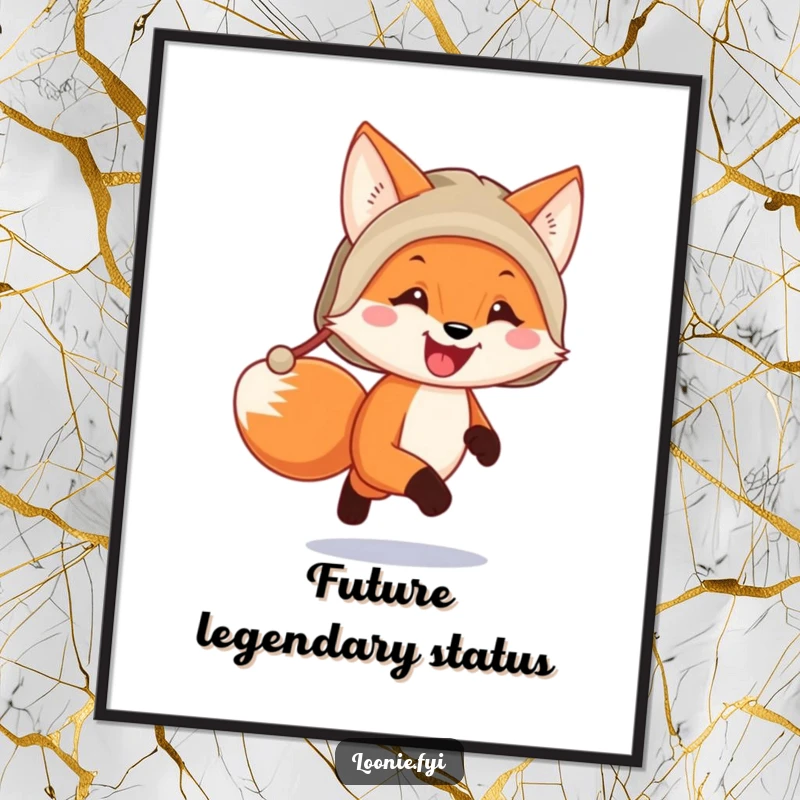 Funny happy fox wearing a trapper hat running, available as a digital art print for instant, humorous decoration.