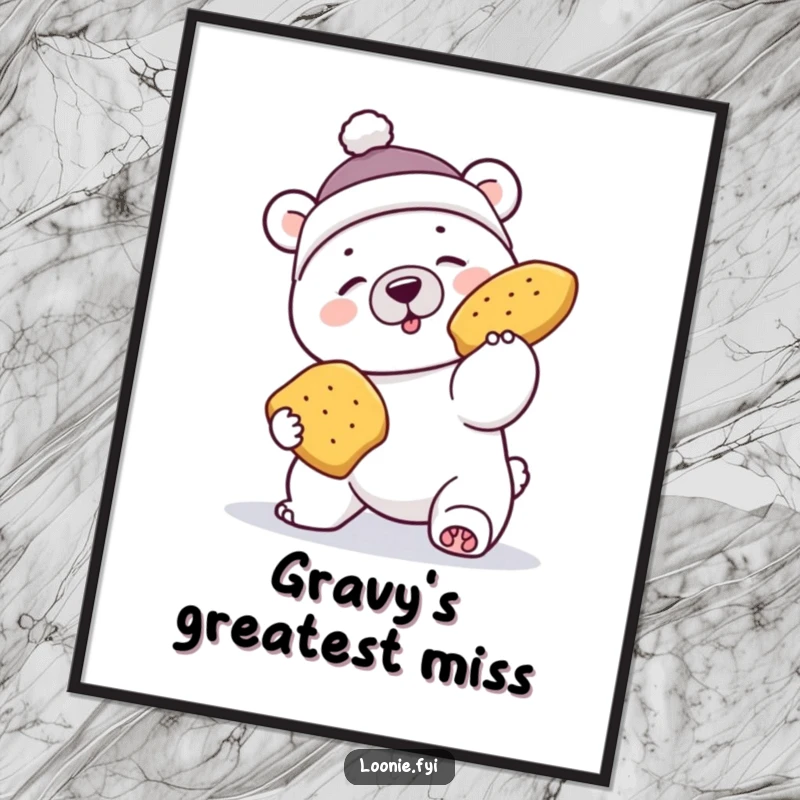 Funny digital art print of a polar bear wearing a toque, comically failing to catch a flying poutine.