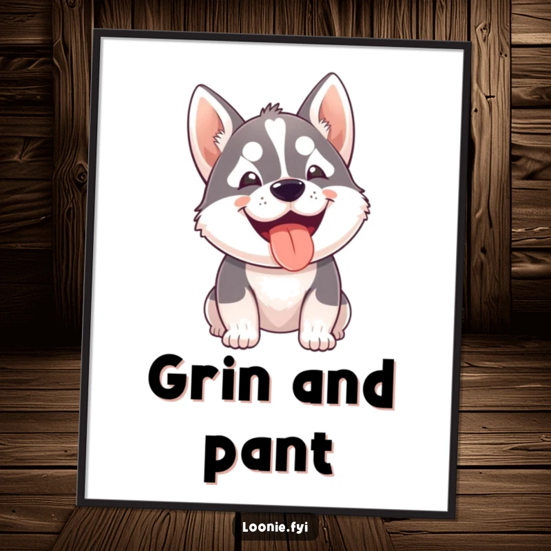 Funny digital art print of a small husky dog eagerly panting with a wide, happy grin, a humorous and delightful printable artwork.