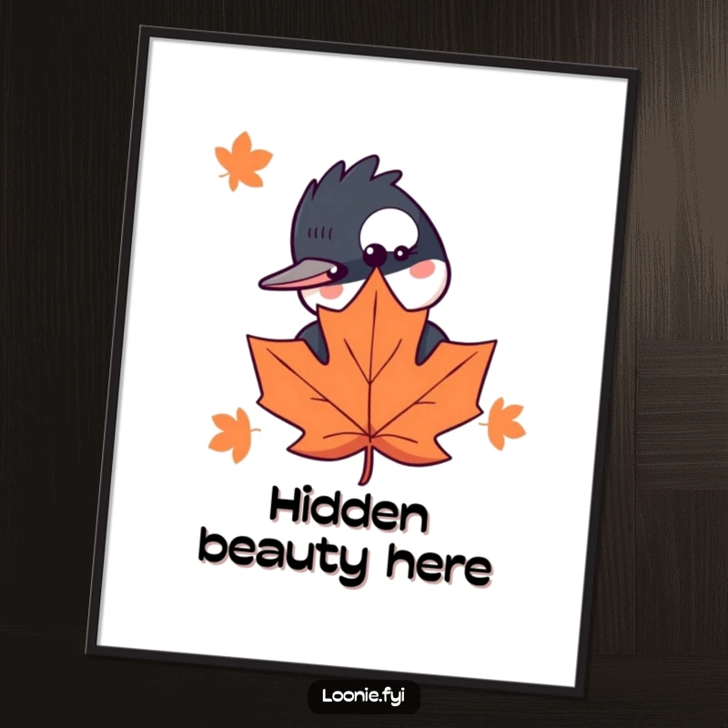 Funny digital art print of a curious loon peeking behind a stylized maple leaf, bringing whimsical woodland charm instantly.