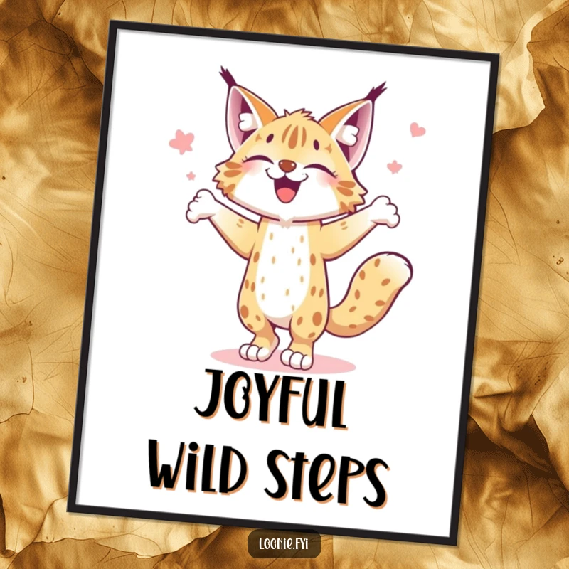 Funny digital art print of a joyful lynx performing a happy jig, instantly adding feline energy and humor.