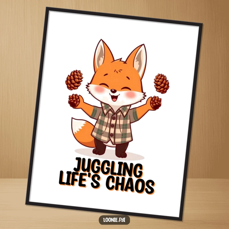 Funny digital art print of a giggling fox in a plaid shirt, juggling three pinecones, a charming and humorous illustration for instant download.