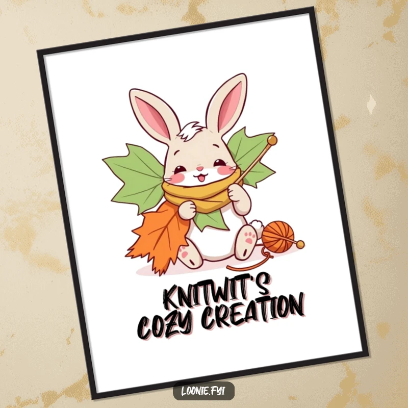 Funny digital art print of a cheerful bunny knitting a giant maple leaf scarf with oversized needles.