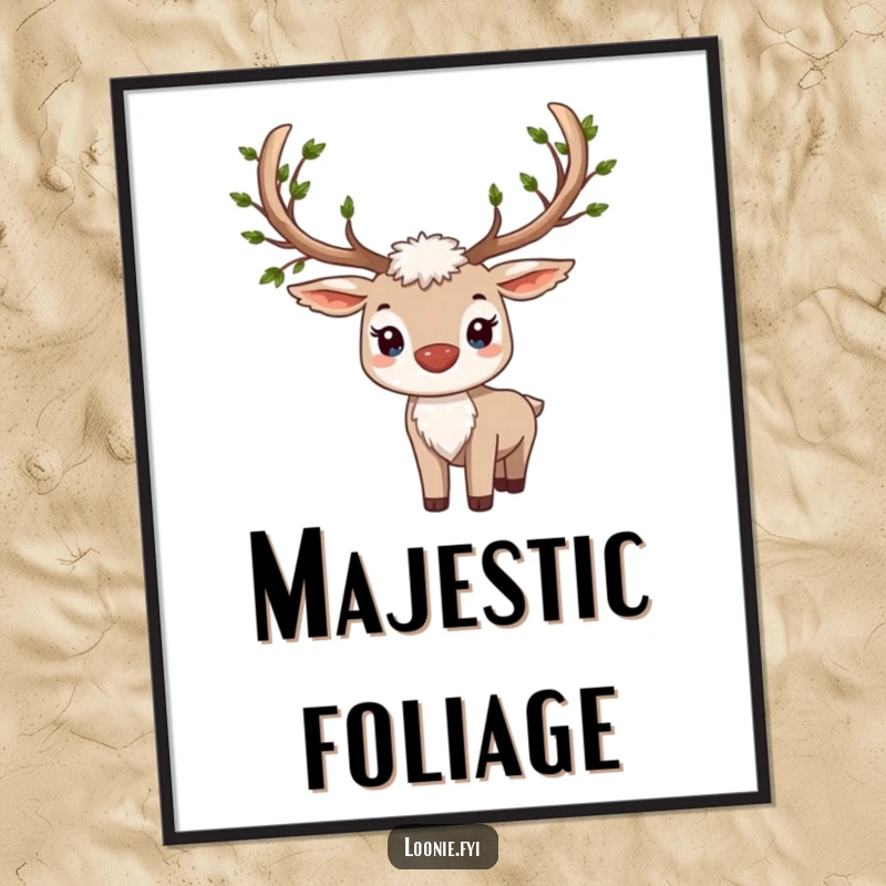 Funny digital art print of a proud caribou with impressive antlers, beautifully decorated with numerous small, green leaves.