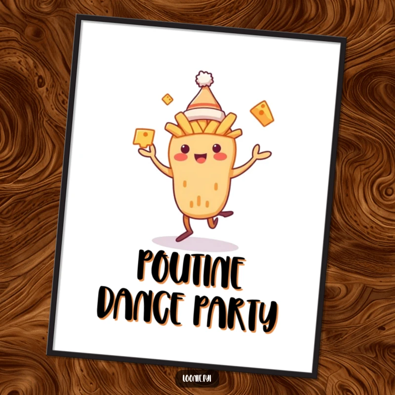 Funny Poutine Digital Art Print of a dancing poutine creature juggling cheese curds, offering instant food-themed humor.