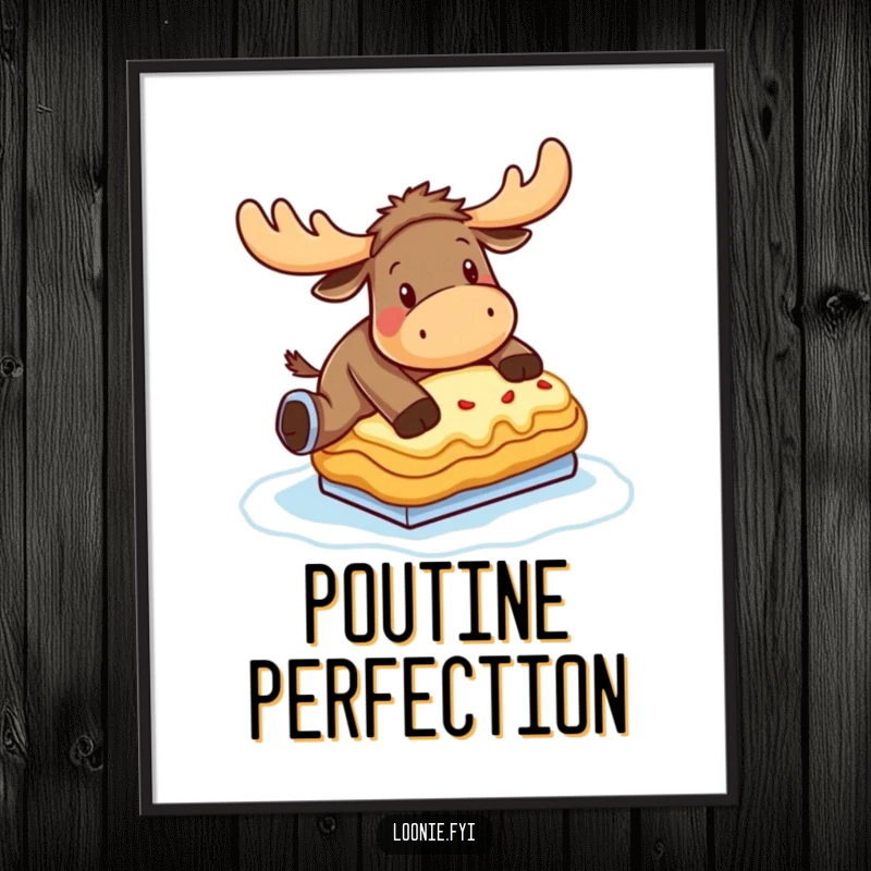 Funny Moose Digital Art: A moose hilariously attempts ice skating on a frozen poutine, ideal for printable humor.
