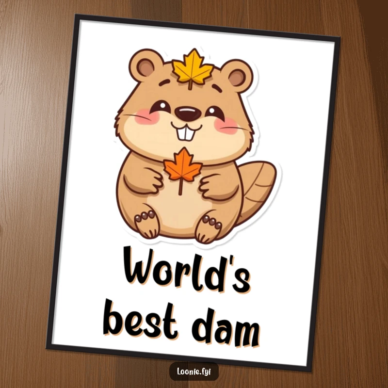 Funny Beaver Maple Leaf Digital Art Print: A happy beaver wearing a maple leaf smiles, perfect for wall decor, a downloadable funny gift.