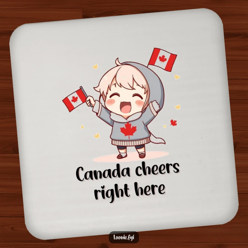 Funny Coaster: Excited character proudly holds a Canadian flag and cheers, adding patriotic charm and protecting surfaces. Excellent funny gift.