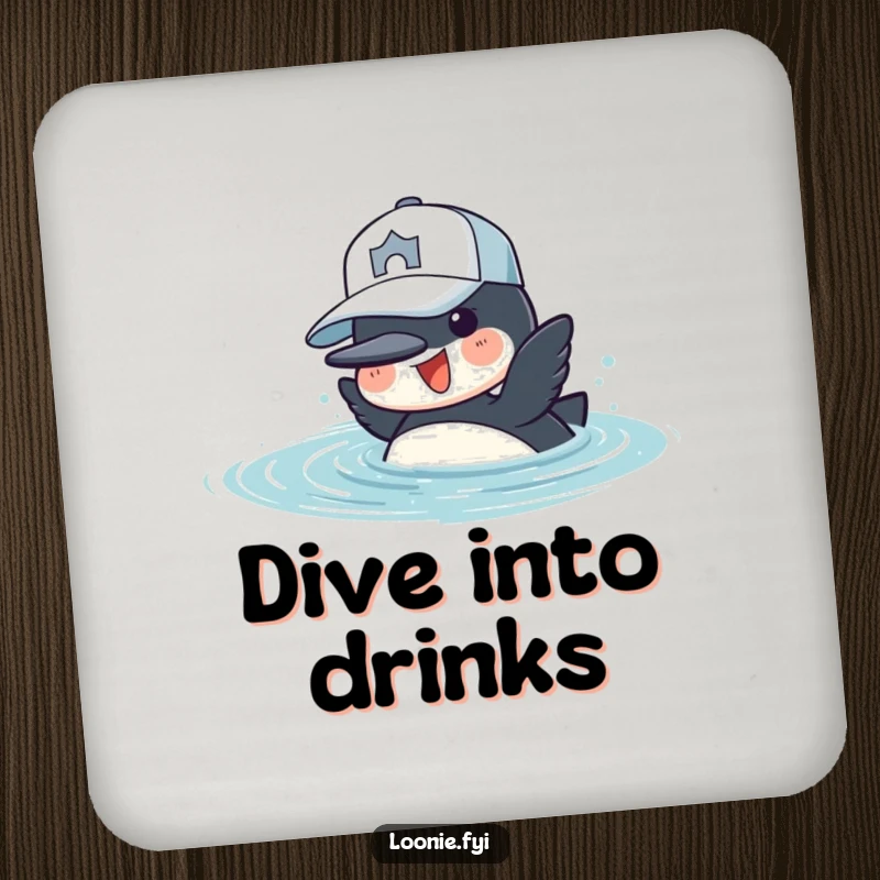 Funny Coaster: A cheerful loon in a baseball cap dives into water, adding a playful touch to drink protection.