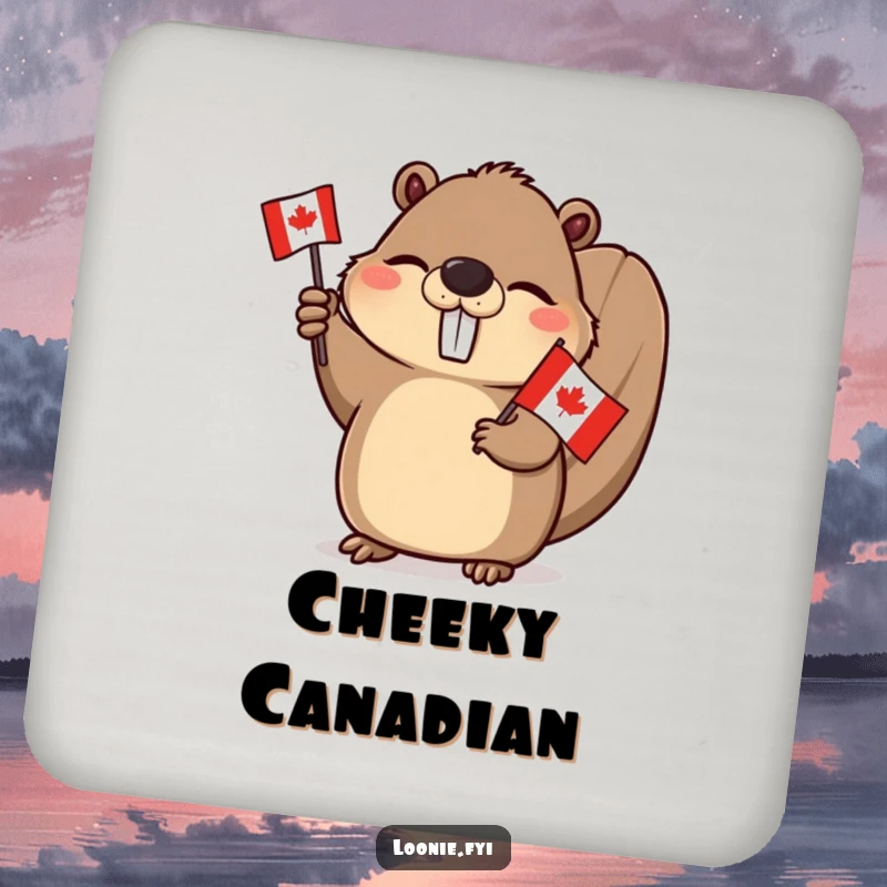 Funny Beaver Coaster: A winking beaver waving a Canadian flag, offering surface protection with a dose of patriotic humor.
