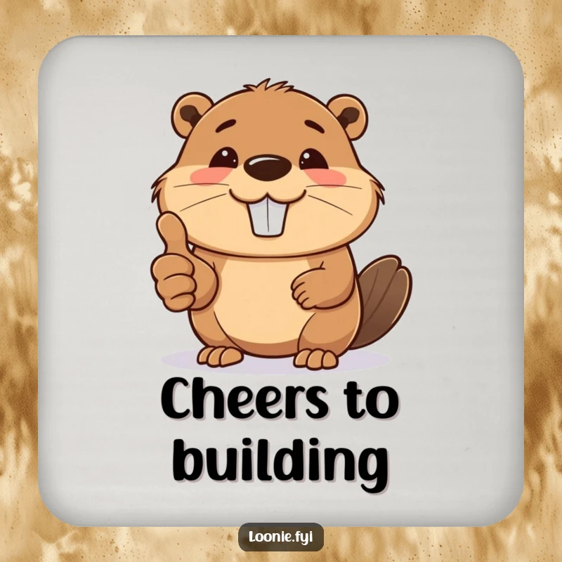 Funny drink coaster showing a smiling beaver giving a thumbs up, offering positive surface protection.