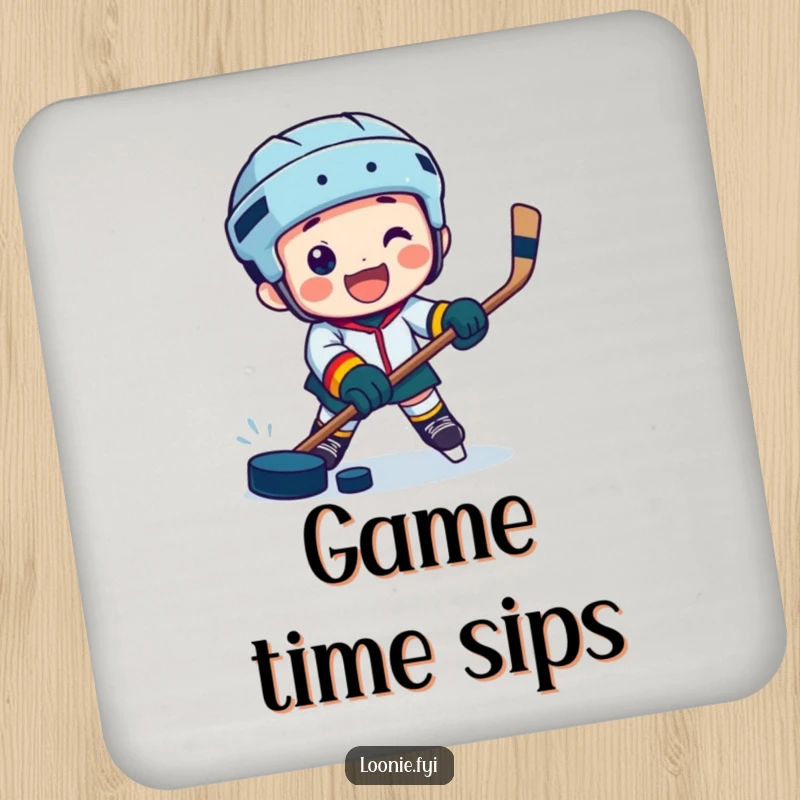 Funny coaster set with a jubilant character playing hockey with a puck, protecting surfaces with sporty humor.