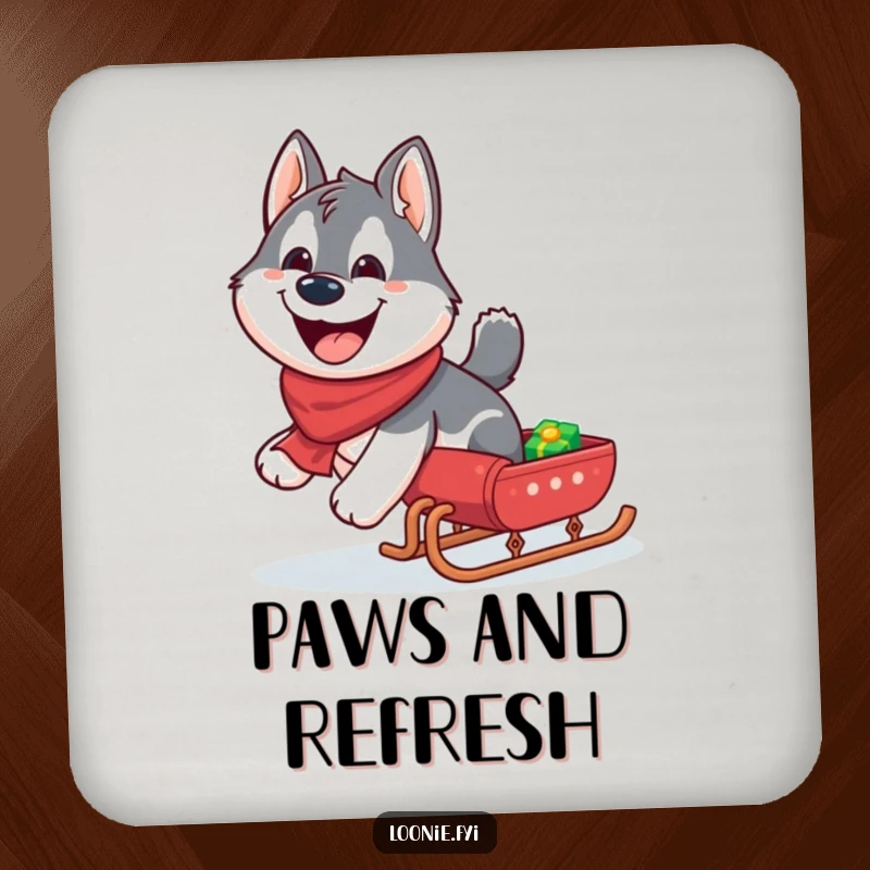 Funny Husky Coasters: Giggling husky pulling a miniature sleigh with a wide grin, protecting surfaces.