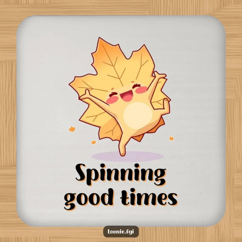 Funny drink coaster showing a happy maple leaf doing a cheerful somersault, offering playful autumn protection.