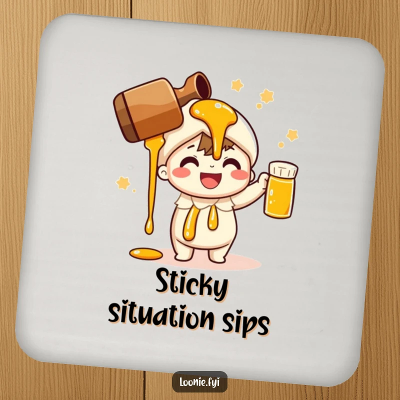 Funny coaster set with a cheerful character pouring maple syrup, protecting surfaces with sweet humor.