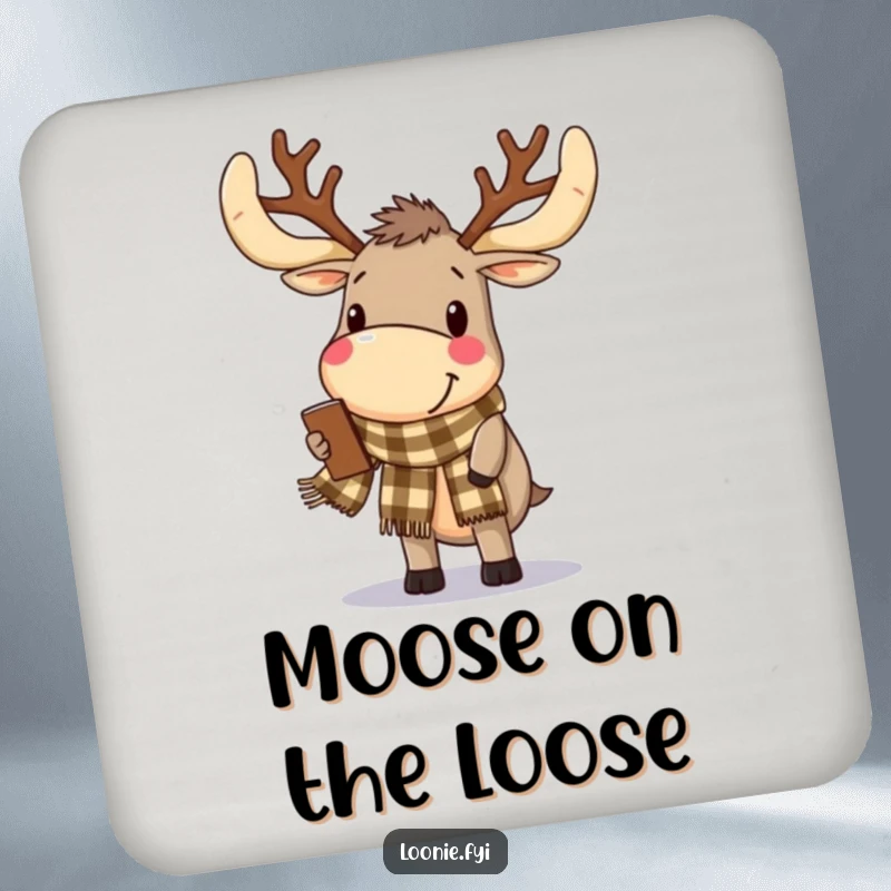 Funny Coaster: A delighted moose with antlers wears a checkered scarf, adding rustic charm to drink protection.