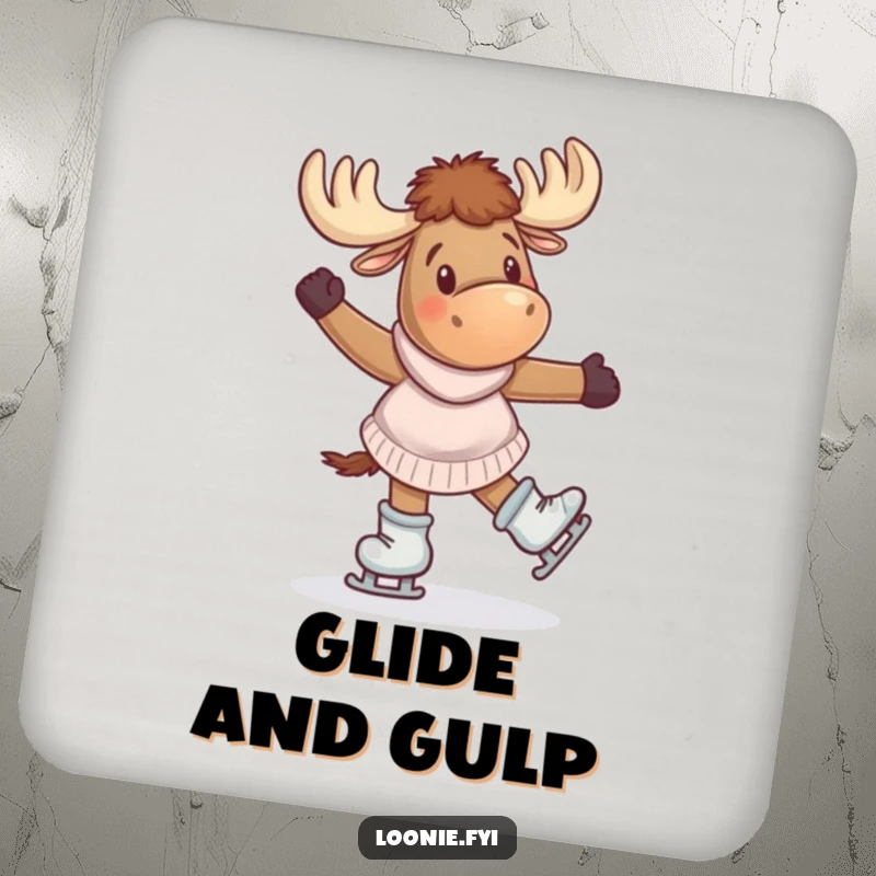 Funny Coaster: A giddy moose wearing skates twirls joyfully, adding a protective and charming winter element to any surface.