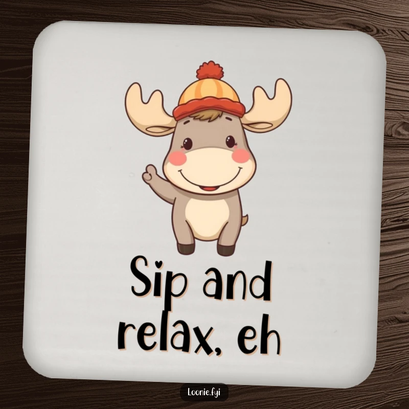 Funny Moose Coasters: Cheerful moose wearing a toque, smiling and waving, protecting surfaces with humor.