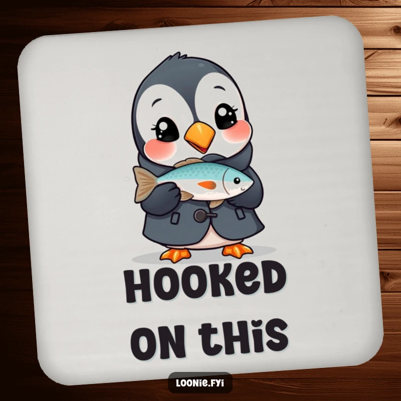 Funny drink coasters featuring a delighted puffin in a small coat, holding a fish, perfect for adding a humorous touch to beverage service.