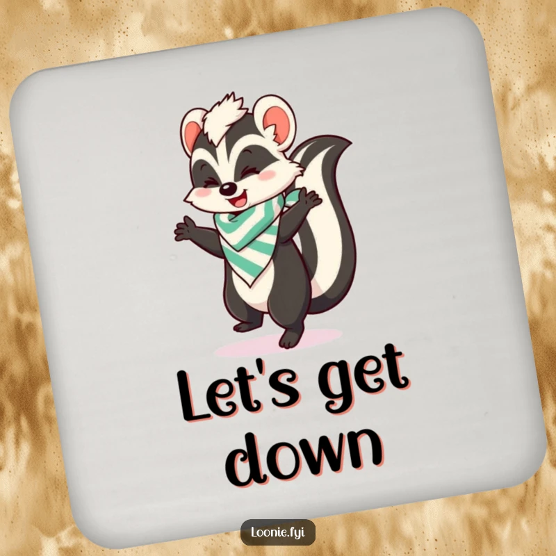 Funny drink coasters featuring a skunk in a bandana doing a happy dance, perfect for adding a humorous touch to beverage service.