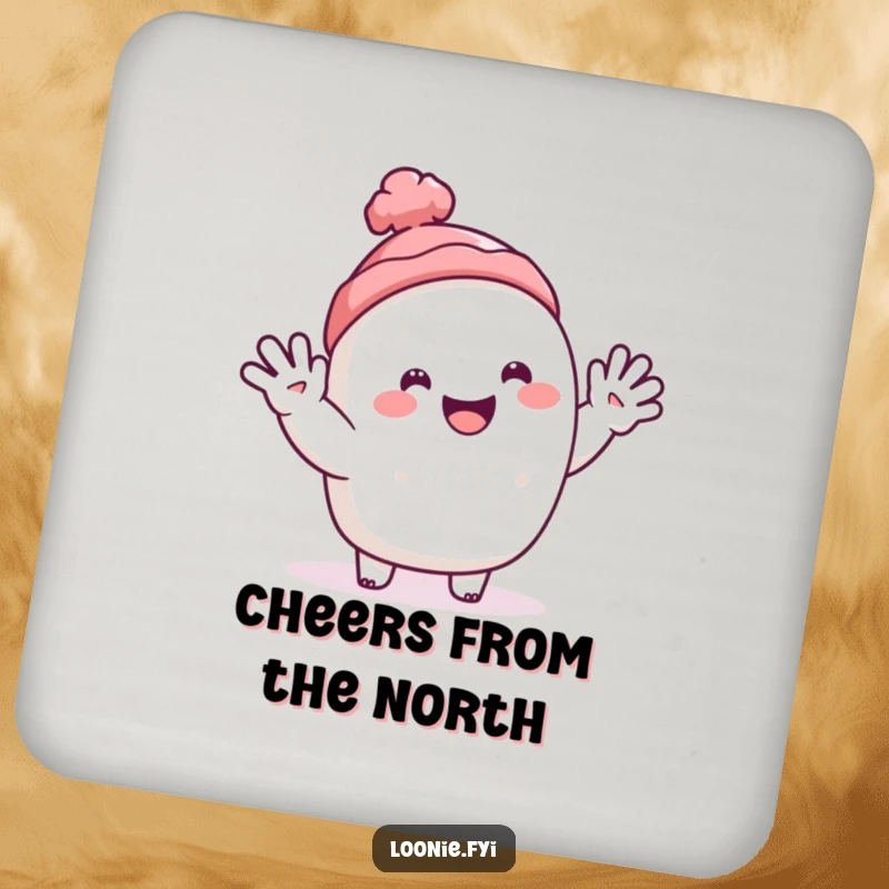 Funny coasters featuring a happy toque character giving a welcoming and cheerful wave.