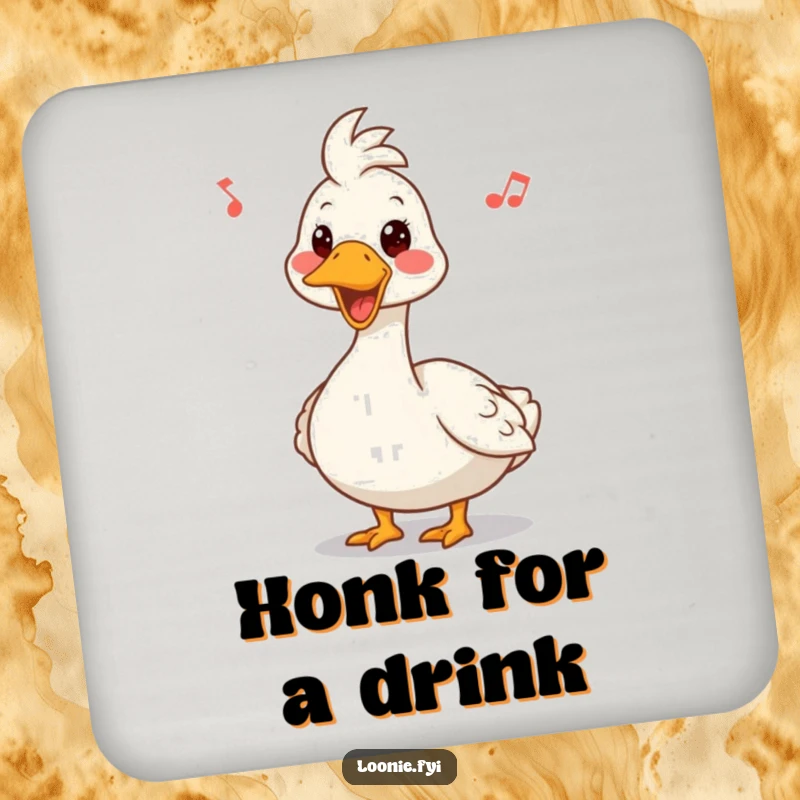 Funny drink coasters illustrating a Canadian goose with a funny expression, honking a happy tune, adding humor to your table.