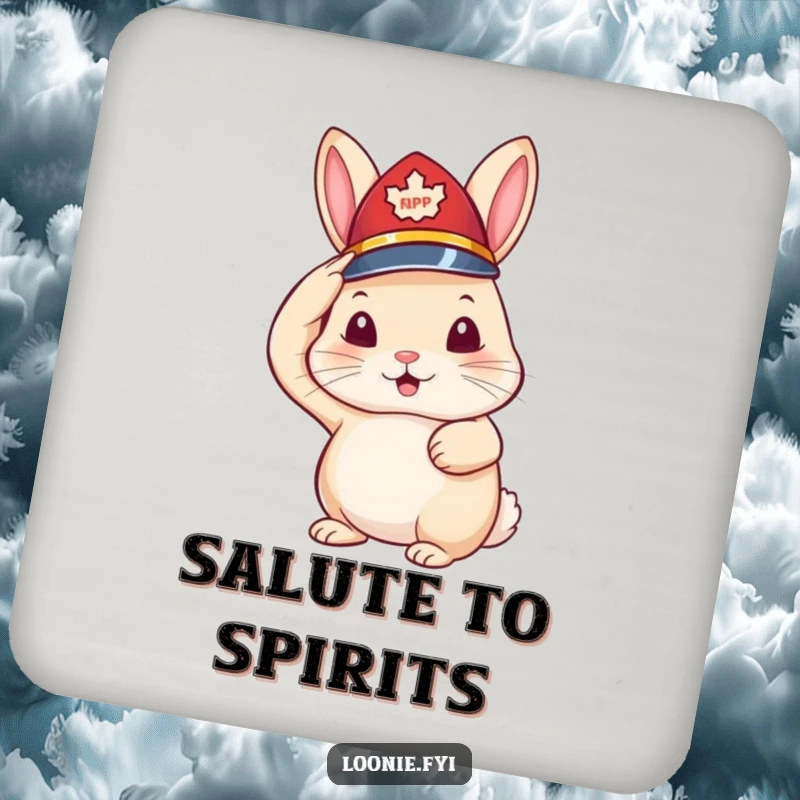 Funny drink coaster with a rabbit wearing a tiny RCMP hat and saluting, a humorous and charming accessory.