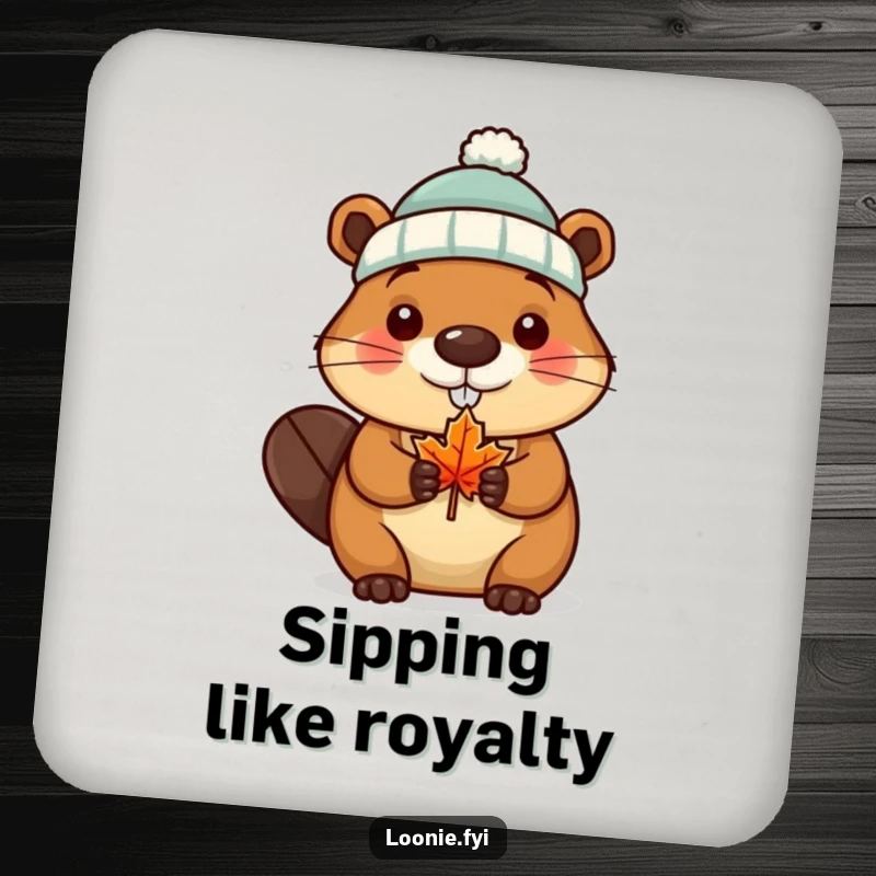 Funny Coaster featuring a beaver wearing a tiny toque and holding a maple leaf, protecting surfaces with Canadian humor.