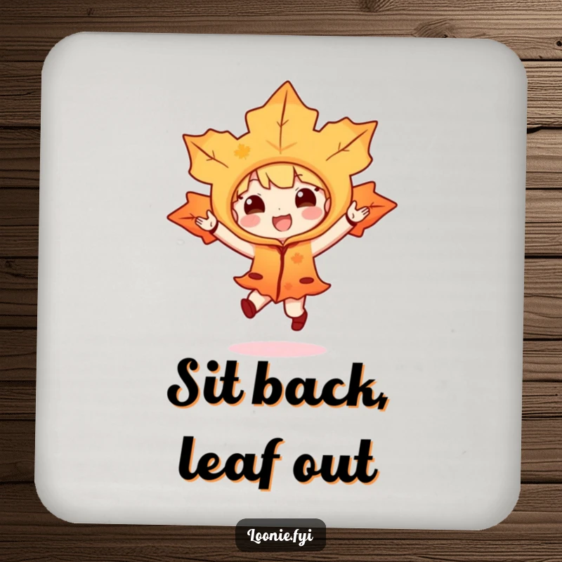 Funny drink coaster with a maple leaf character in a costume doing a joyful hop, adding a humorous touch to tabletops.