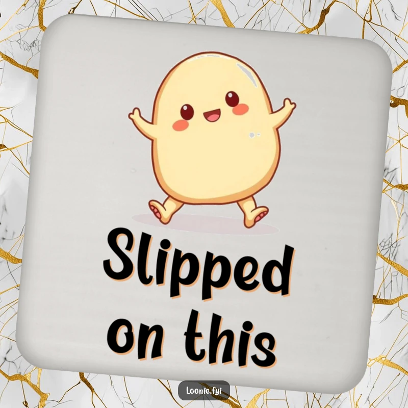 Funny perogy tripping over its doughy feet, a set of humorous cartoon drink coasters for tables.