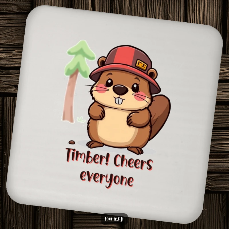 Funny drink coaster with a beaver lumberjack chopping wood, protecting surfaces with a humorous and industrious design, a delightful accessory.
